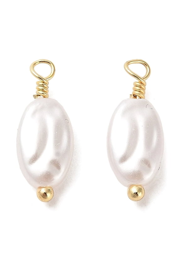 Plastic Imitation Pearl Pendants with Real 18K Gold Plated Rack Plating Brass Findings Oval Charm White 16x6x3.5mm Hole: 1.6mm