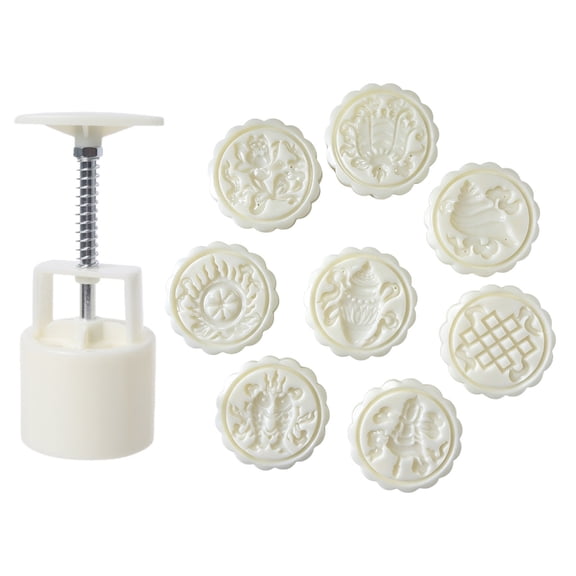 ABS Plastic Mooncakes Molds Set With 8 Traditional Design Hand Operated For 100G Bean Cakes And Pastries Nonrust Steel Base