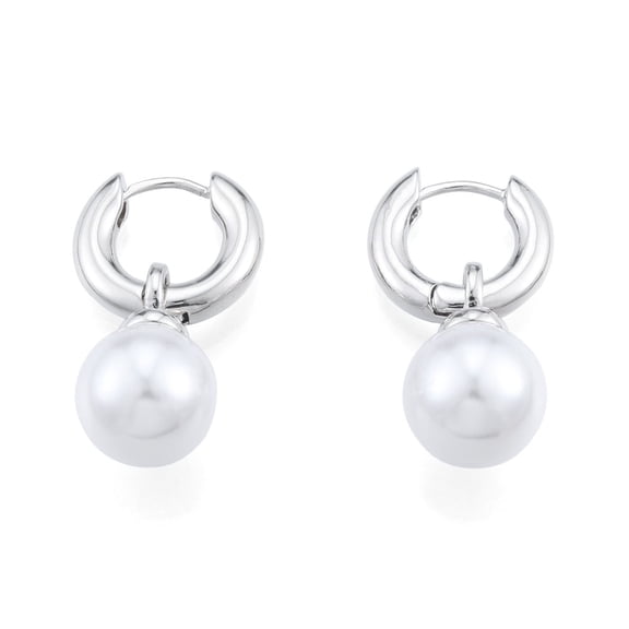 Plastic Pearl Dangle Hoop Earrings Brass Jewelry for Women Nickel Free Real Platinum Plated 29x16x3.5mm Pin: 1mm