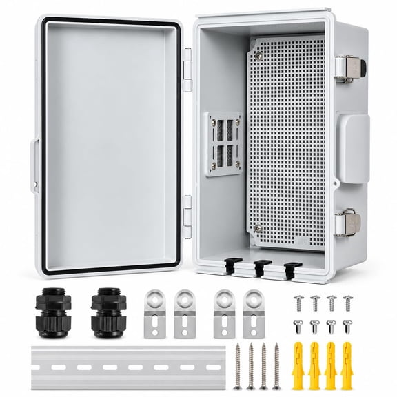 ABS Plastic Waterproof Ventilated Electrical Box Enclosure, IP65 Outdoor Junction Box with Aluminum DIN Rail, Mounting Plate, Wall Brackets for DIY, WiFi, Solar, Security Cameras (11.4"7.5"5.5")