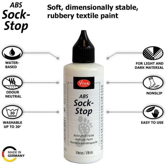 Sock Stop Safety Grip Paint by Viva Decor Multi Color Grip Paint for Fabric DIY Crafts Socks Slippers Rugs Washable Flexible Non Skid Textile Paint - 82ml -White