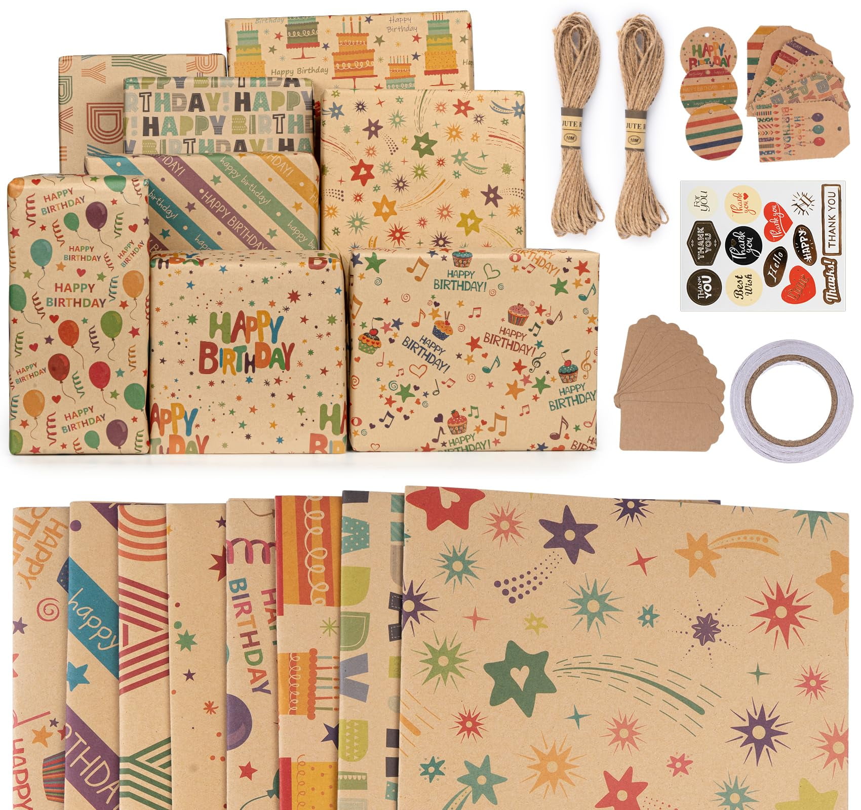 ABSOFINE Happy Birthday Gift AIF4 Wrapping Paper Set,8 Sheets Vintage