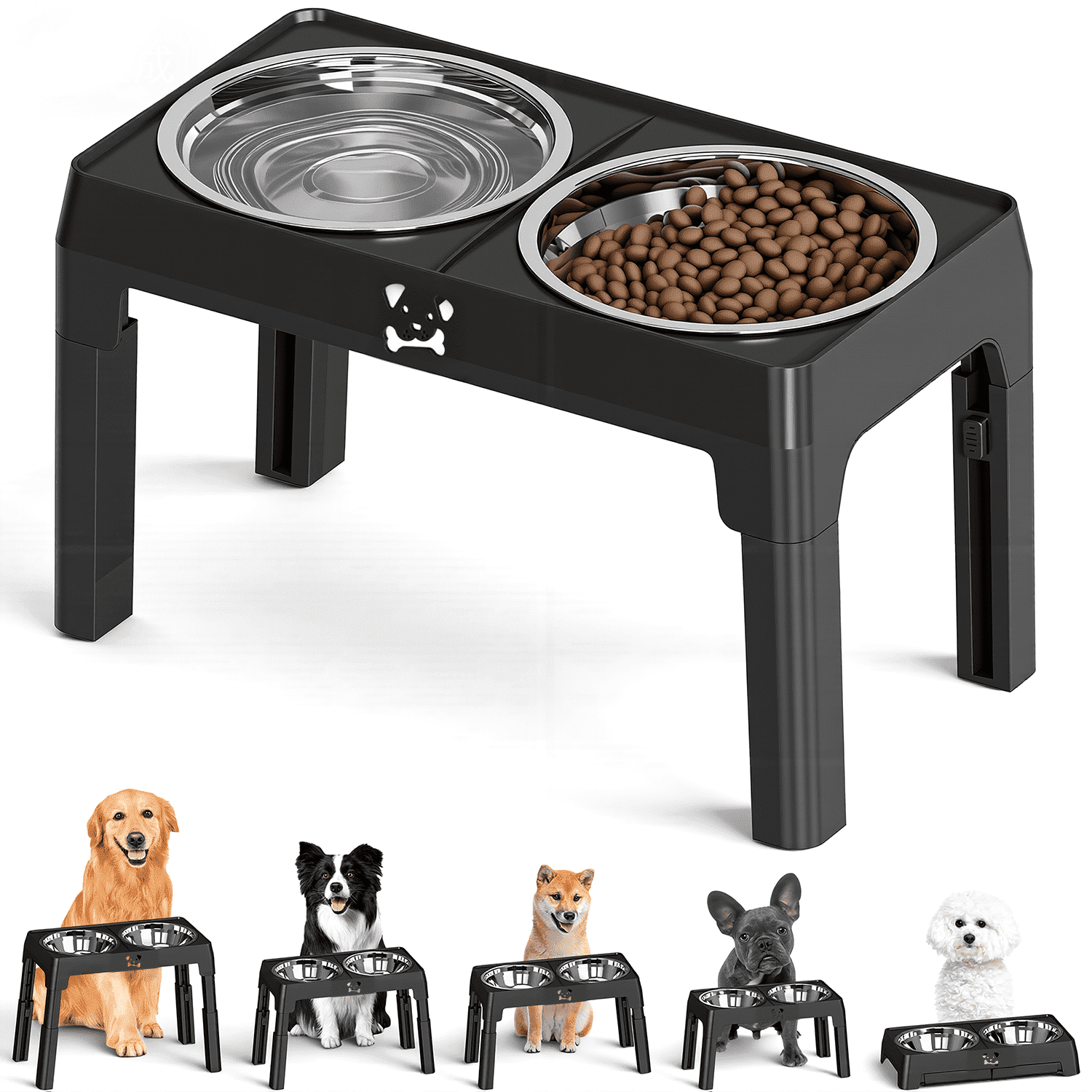 ABSOKE Elevated Dog Bowls - 5 Heights Adjustable Raised Dog Food Bowls with 2 Stainless Steel for Small Medium Large Dogs Cats