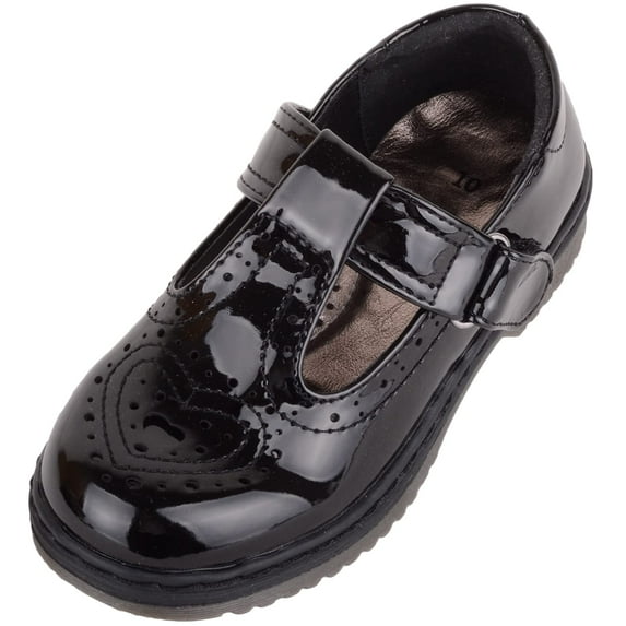 ABSOLUTE FOOTWEAR Childrens Kids Girls Slip On Faux Leather Smart Formal School Shoes with Heart Design - Black Patent - US Infant 11