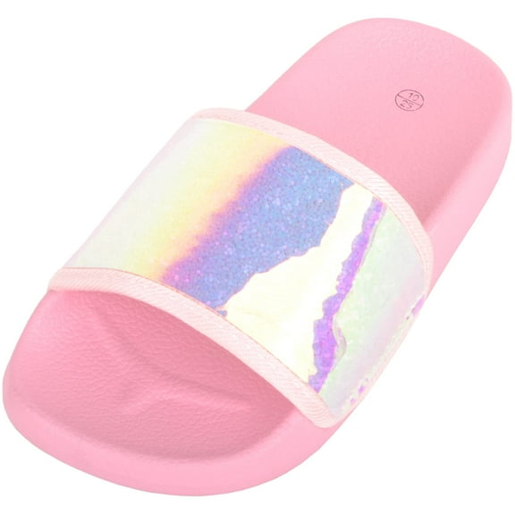 ABSOLUTE FOOTWEAR Childrens Kids Girls Slip On Summer Holiday Beach Pool Sliders Mule Sandals Flip Flops - Pink - US Child 12