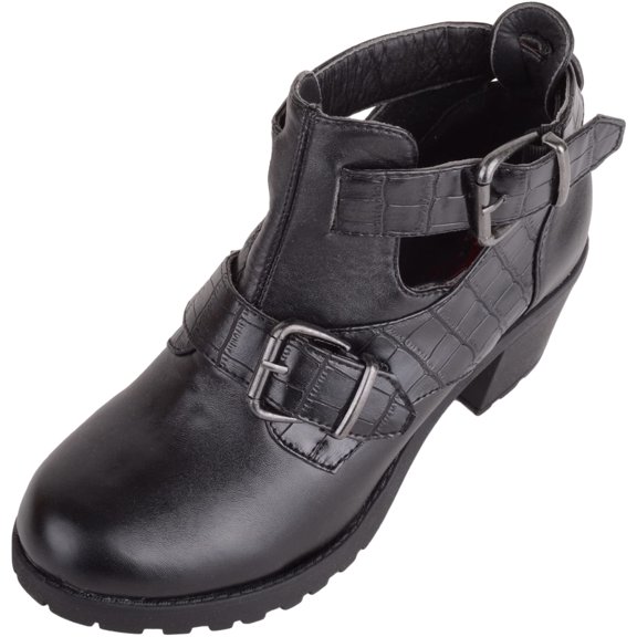 ABSOLUTE FOOTWEAR Childrens Kids Juniors Girls Slip On Buckled Faux Leather Heeled School College Formal Smart Shoes - Black - US Child 5