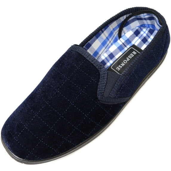 ABSOLUTE FOOTWEAR Mens Soft Velour Slippers/Indoor Shoes with Twin Gusset and Checked Design - Navy - US 9