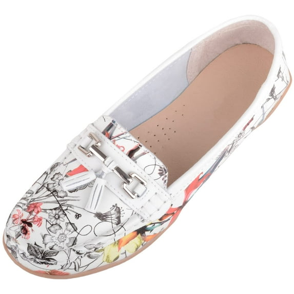 ABSOLUTE FOOTWEAR Womens Easy Slip On Leather Colour Floral Print Tassle Summer Work Loafers - White - US 10