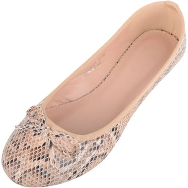ABSOLUTE FOOTWEAR Womens Easy Slip On Snake Pattern Casual Ballerina Style Dolly Pump Shoes - Tan - US 5