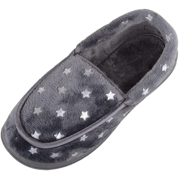 ABSOLUTE FOOTWEAR Womens Easy Slip On Soft Wide Fit Moccasin Style Star Design Slippers - Grey - US 6