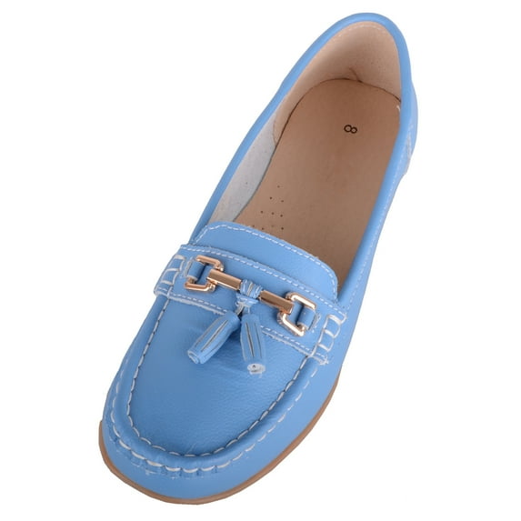 ABSOLUTE FOOTWEAR Womens Slip On Casual Leather Loafer Deck Boat Shoes Sandals - Azure Blue - US 9
