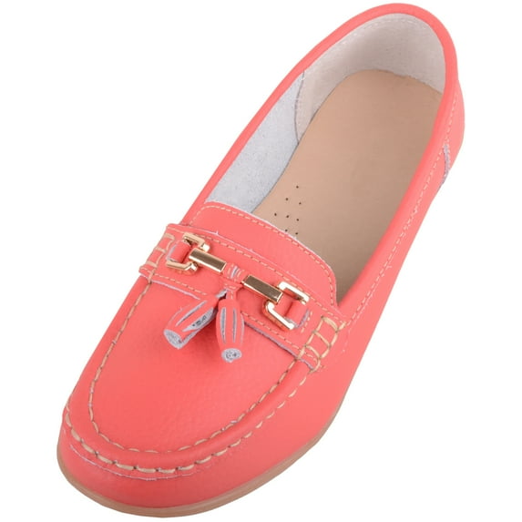 ABSOLUTE FOOTWEAR Womens Slip On Casual Leather Loafer Deck Boat Shoes Sandals - Coral - US 7