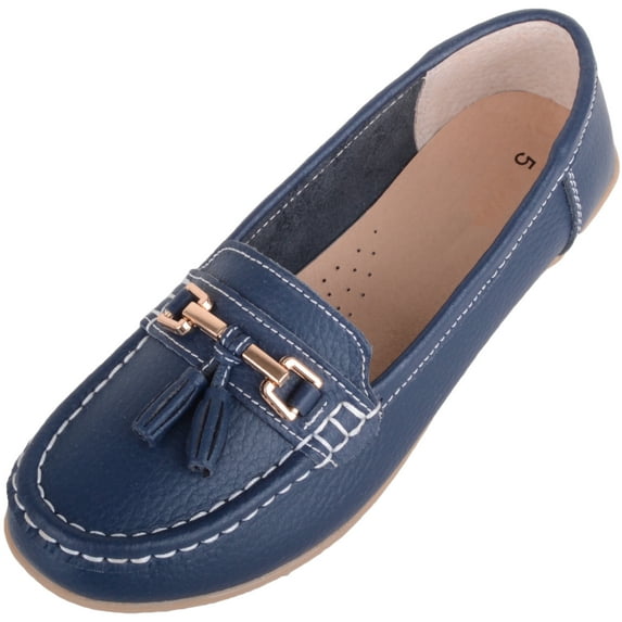 ABSOLUTE FOOTWEAR Womens Slip On Casual Leather Loafer Deck Boat Shoes Sandals - Dark Blue - US 8