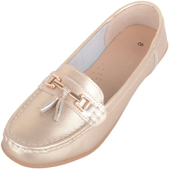 ABSOLUTE FOOTWEAR Womens Slip On Casual Leather Loafer Deck Boat Shoes Sandals - Gold - US 9