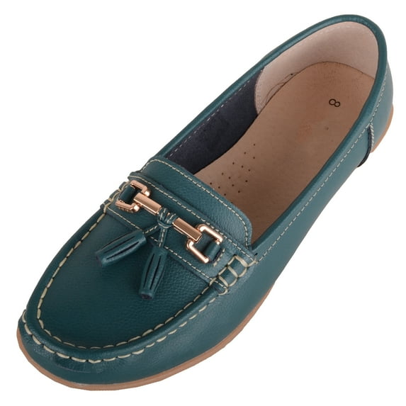 ABSOLUTE FOOTWEAR Womens Slip On Casual Leather Loafer Deck Boat Shoes Sandals - Jasper Green - US 8
