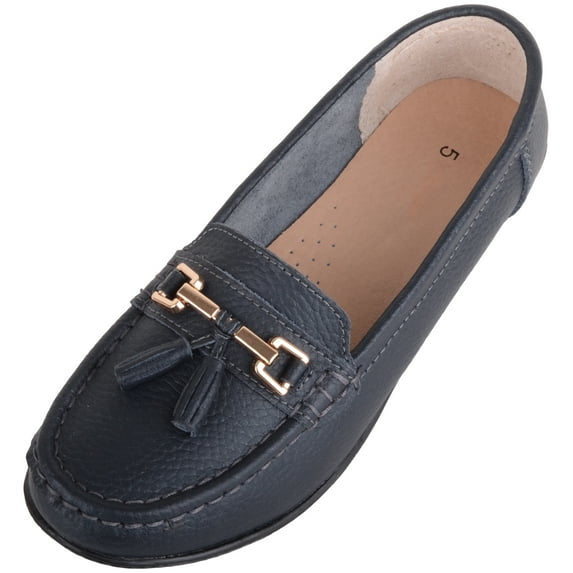 ABSOLUTE FOOTWEAR Womens Slip On Casual Leather Loafer Deck Boat Shoes Sandals - Navy - US 9