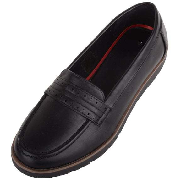 ABSOLUTE FOOTWEAR Womens Slip On Smart Formal Work School College Suit Loafer Shoe with Saddle Trim - Black PU - US 6