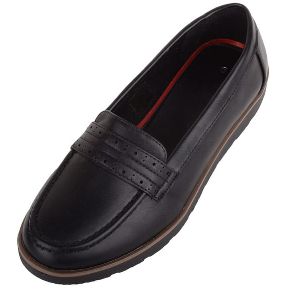 ABSOLUTE FOOTWEAR Womens Slip On Smart Formal Work School College Suit Loafer Shoe with Saddle Trim - Black PU - US 7