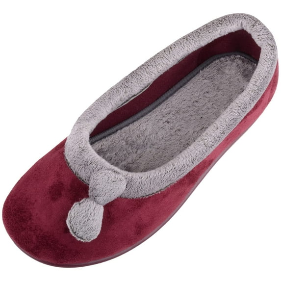 ABSOLUTE FOOTWEAR Womens Soft Velour Slip On Cuff Pom Pom Design Indoor Slippers - Burgundy - US 10