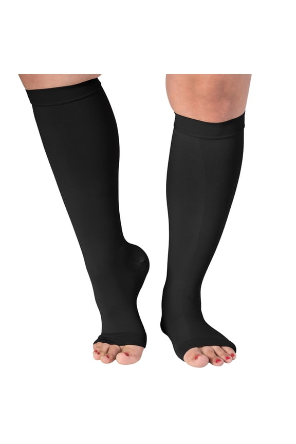 Wide Calf Compression Socks Unisex 15-20mmHg Open Toe Black 4X-Large