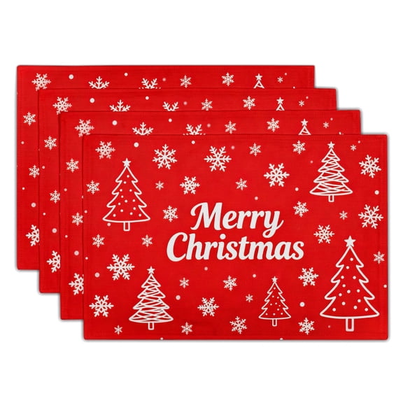 ABSOP Christmas Linen Placemats 12x18 Inch Merry Christmas Red Background Snowflake Washable Dinner Plate Mat Set of 4
