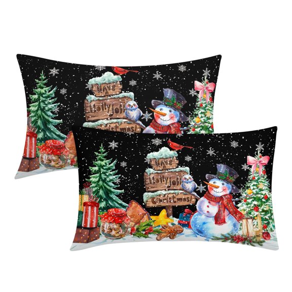 ABSOP Christmas Lumbar Pillow Covers 12x20 Inch Set of 2 Snowman Xmas Trees Snowflake Bird Rectangular Throw Pillows Black Pillow Cases for Sofa Couch Porch Outdoor