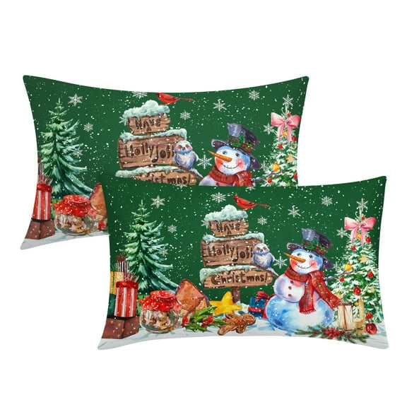ABSOP Christmas Lumbar Pillow Covers 12x20 Inch Set of 2 Snowman Xmas Trees Snowflake Bird Rectangular Throw Pillows Green Pillow Cases for Sofa Couch Porch Outdoor
