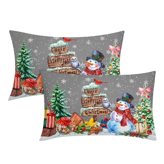 ABSOP Christmas Lumbar Pillow Covers 12x20 Inch Set of 2 Snowman Xmas Trees Snowflake Bird Rectangular Throw Pillows Grey Pillow Cases for Sofa Couch Porch Outdoor