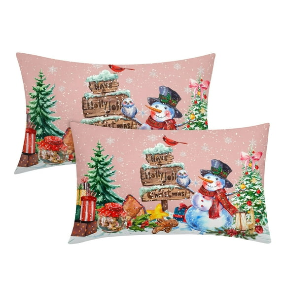 ABSOP Christmas Lumbar Pillow Covers 12x20 Inch Set of 2 Snowman Xmas Trees Snowflake Bird Rectangular Throw Pillows Pink Pillow Cases for Sofa Couch Porch Outdoor