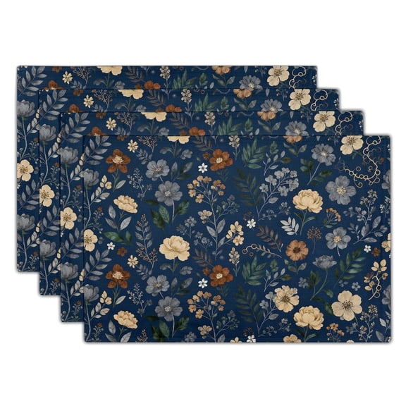 ABSOP Dark Blue Vintage Small Floral Placemat 12x18 inch Linen Heat-Resistant Placemats Set of 4 Retro Decoration Table Place Mat for Kitchen and Dining Room