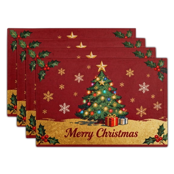 ABSOP Linen Christmas Red Gold Dinner Plate Mat 12x18 Inch Merry Christmas, Decorative Placemats Set of 4