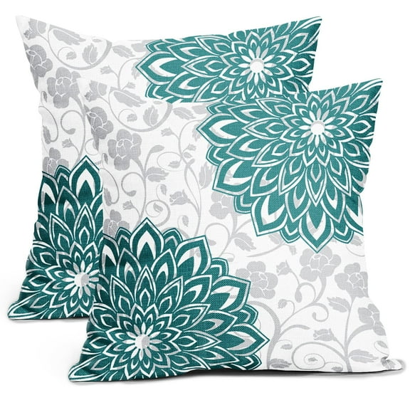 ABSOP Pillow Covers 18X18 Inch Pack of 2,Mandala Teal Decorative Pillows Cushion Cover for Bedroom Livingroom Decor Linen Square Spring Flower PillowsCase