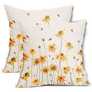 ABSOP Spring Floral Pillow Covers Set of 2 18x18 Inch Yellow Flowers Coreopsis Bee Decorative Linen Pillow Cases for Bedroom Sofa Couch Home Decor