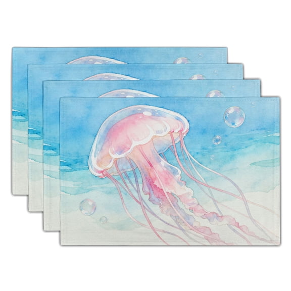 ABSOP Watercolor Jellyfish Blue Ocean-Themed Dinner Place Mat Set of 4 Washable and Heat-Resistant Mats 12x18 inch for Kitchen and Dining Room, with Seaside Style Decoration