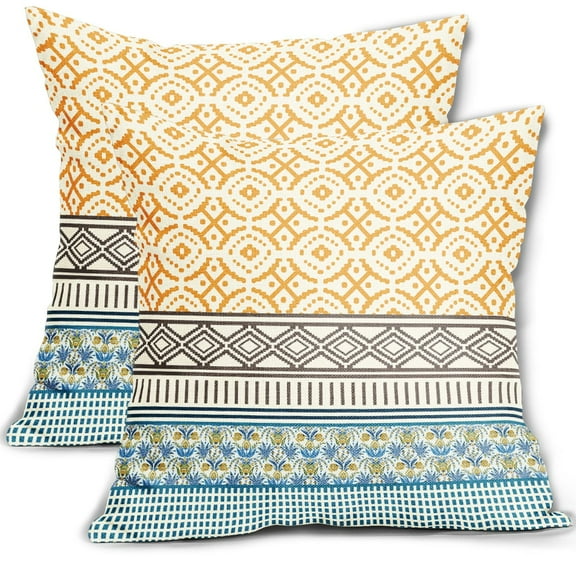 ABSOP Yellow Blue Boho Pillow Covers 18 X 18 Inch Set of 2 Modern Moroccan Decorative Throw Pillow Cases Linen Square Cushion Cover for Bedroom Couch Bed Living Room Sofa Chair