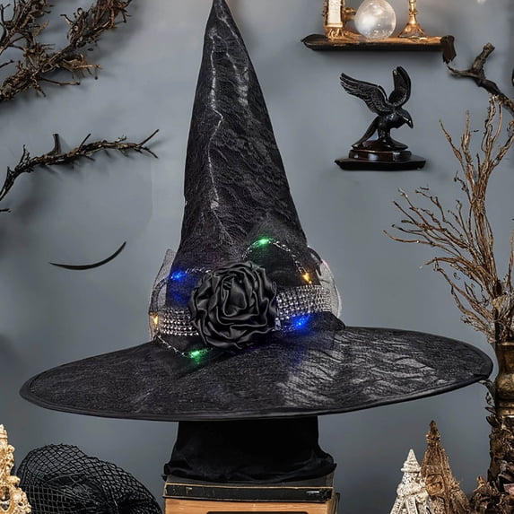 ABSUYY Black Lace LED Light Up Witch Hat for Women Hall-oween Costume Accessory,Size Free Size