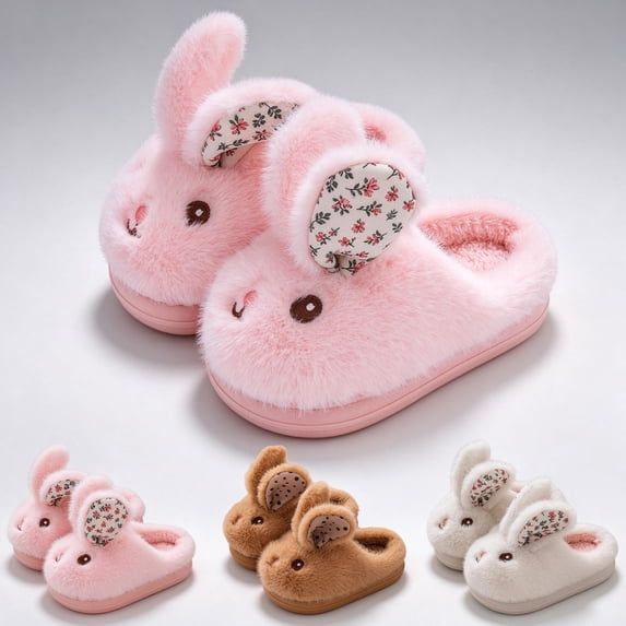 ABSUYY Boys Girls Bunny Slippers, Fuzzy Warm House Shoes, Non-Slip Indoor Slippers, Pink,Size 11.5 Little Kid