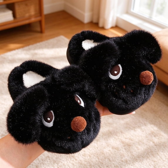 ABSUYY Closed Back Kids Slippers for Boys Girls, Black Fuzzy Plush Dog House Shoes, Non Slip Warm, Size 12.5 Little Kid