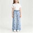 thumbnail image 1 of ABSUYY Girls Cherry Embroidered Wide Leg Denim Pants, Light Blue Stretch Elastic Waist Casual Jeans,Size 8-9 T, 1 of 6