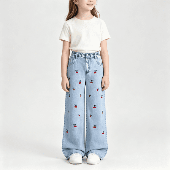 ABSUYY Girls Cherry Embroidered Wide Leg Denim Pants, Light Blue Stretch Elastic Waist Casual Jeans,Size 8-9 T