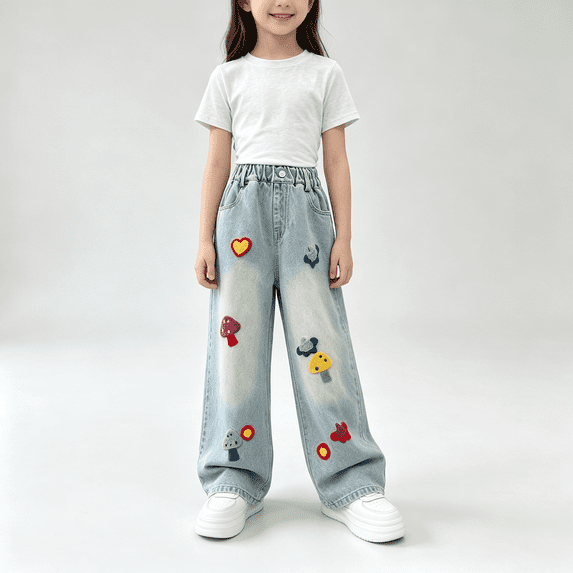 ABSUYY Girls Mushroom Patch Wide Leg Jeans, Vintage Light Wash Elastic Waist Casual Denim Pants,Size 9 T