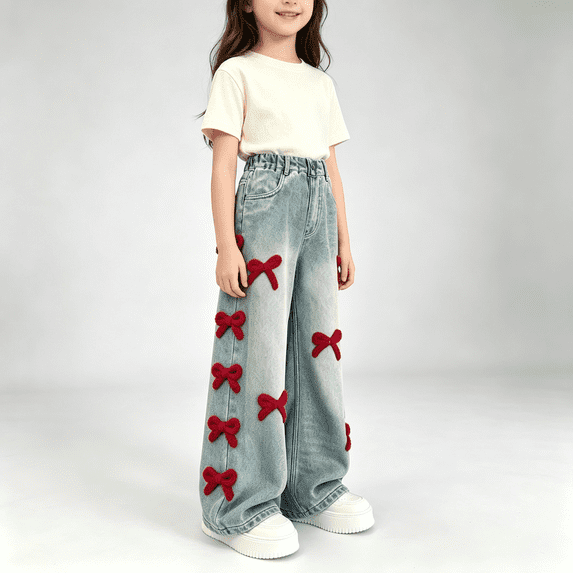 ABSUYY Girls Vintage Washed Light Blue Wide Leg Denim Jeans Elastic Waist Bow Applique Casual Pants,Size 5 T