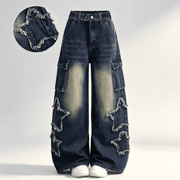 ABSUYY Girls Vintage Washed Wide Leg Cargo Jeans, High Waist Stretch Casual Denim Pants with Star Applique,Size 5-6 T