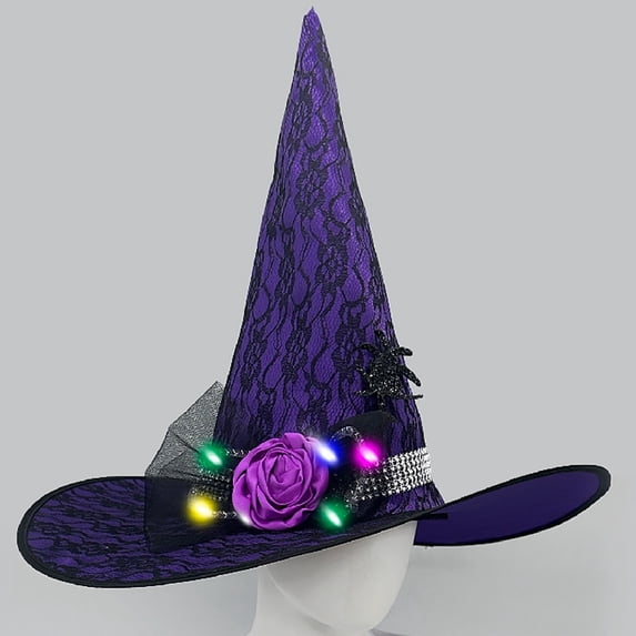 ABSUYY Light Up Lace Witch Hat for Women Purple LED Hall-oween Glowing Adult Costume Accessory,Size Free Size