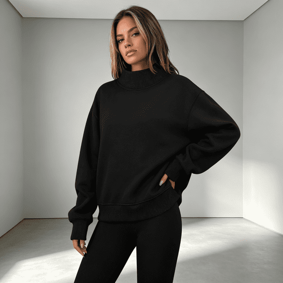 ABSUYY Mock Neck Sweatshirt for women, Oversized Long Sleeve Pullover Top, Casual Fall Winter Warm Blouse, Black,Size L