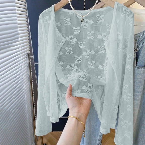 ABSUYY Plus Size Lace Cardigan for Women Cropped Open Front Lightweight Summer Cover Up Button Down Light Blue,Size 3XL