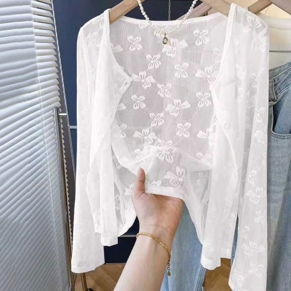 ABSUYY White Lace Cropped Cardigan Open Front Lightweight Summer Cover Up Plus Size Button Down for Women,Size 4XL