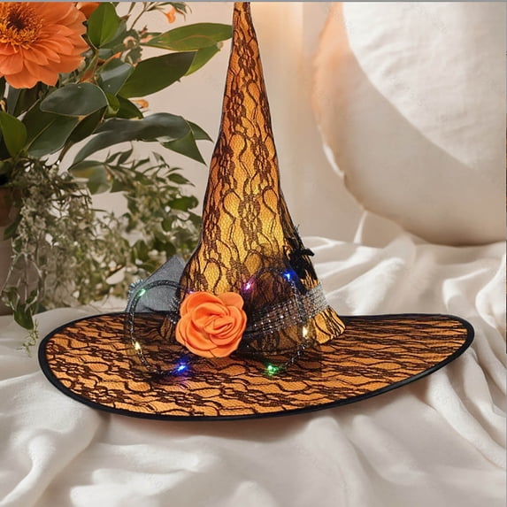 ABSUYY Witch Hat Light Up Lace for Women Orange Hall-oween LED Glowing Adult Costume Accessory,Size Free Size