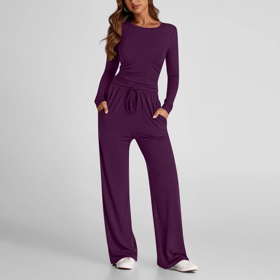 ABSUYY Womens 2 Piece Athleisure Set High Waist Wide Leg Pants Drawstring Pockets Purple,Size XL
