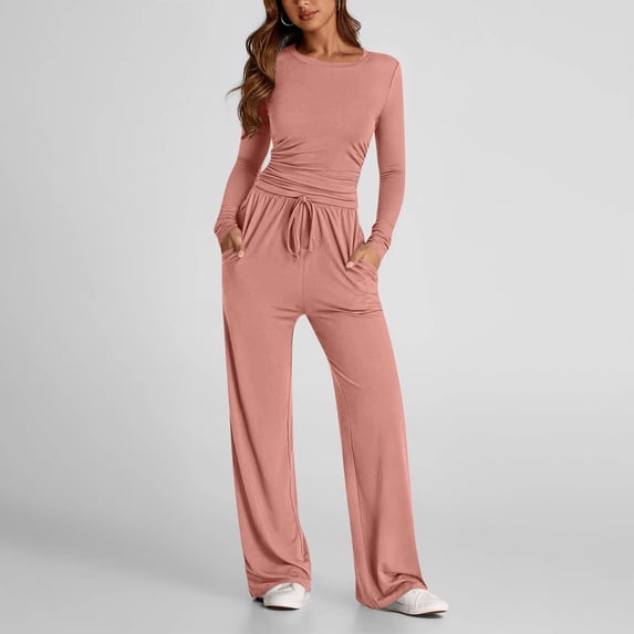 ABSUYY Womens 2 Piece Sweatsuit Set Wide Leg Pants High Waist Drawstring Pockets Stretchy Pink,Size M
